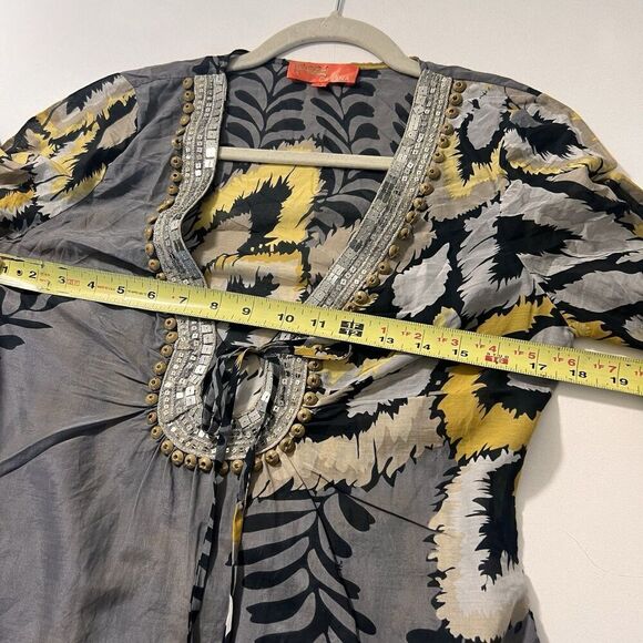 Hale Bob Top Women’s XS Silk Cotton Bell Sleeve Fairy Beaded Boho Blouse - Picture 5 of 7